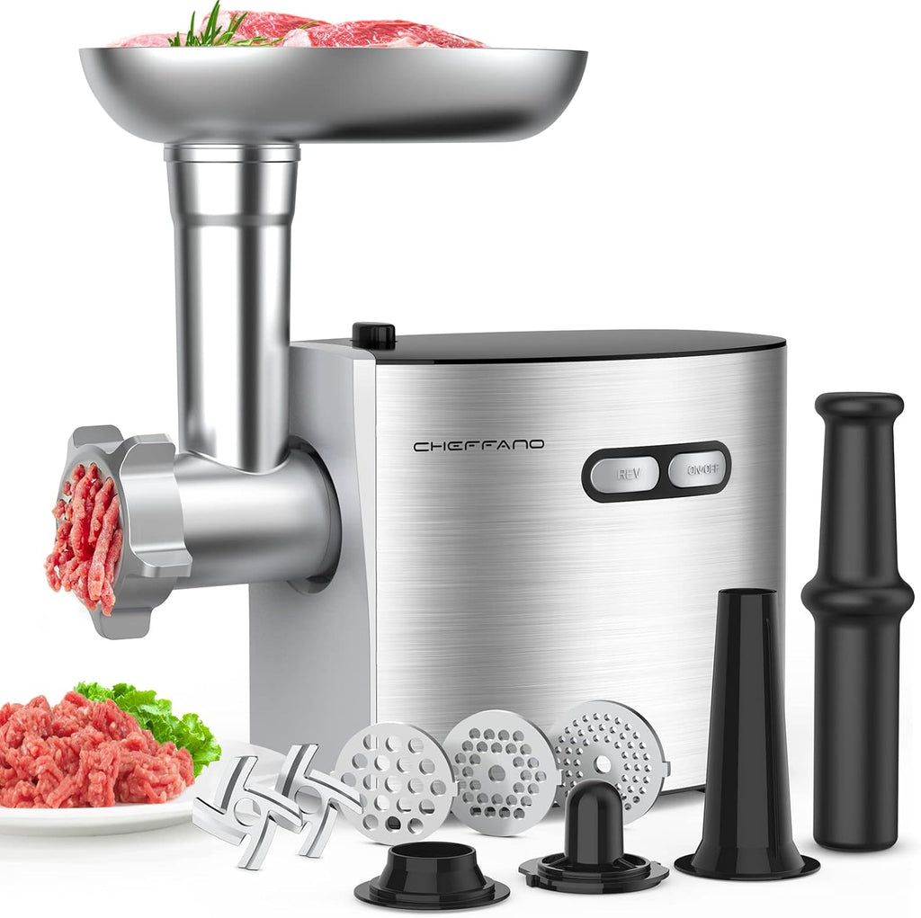 Picadora de carne CHEFFANO, eléctrica de acero inoxidable de 2600 W máx., con certificación ETL, de alta resistencia, con 2 cuchillas, 3 placas, tubo embutidor y kit Kubbe para uso doméstico en cocinas. 