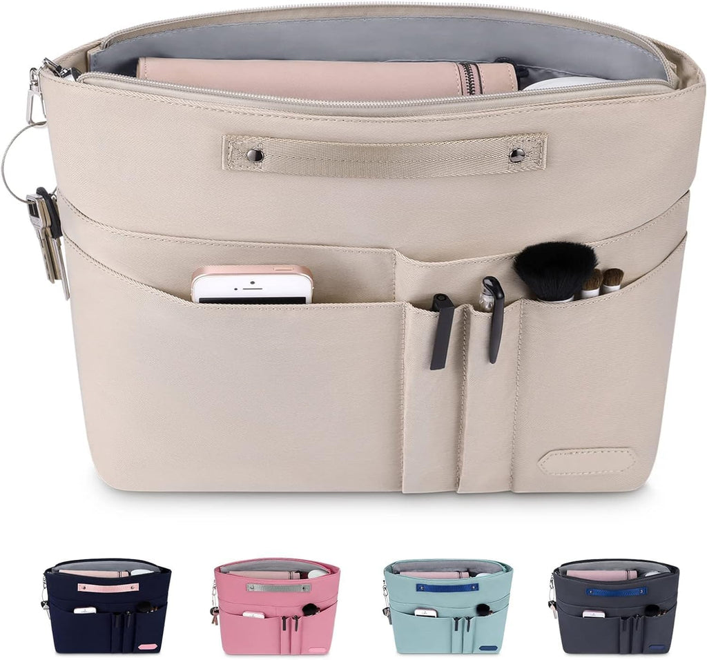Organizador de Cartera HyFanStr para Bolsas de Mano, Inserto Organizador con Cierre para Bolsas Tote, Bolsa Interior con 15 Bolsillos para Mujeres (Beige)