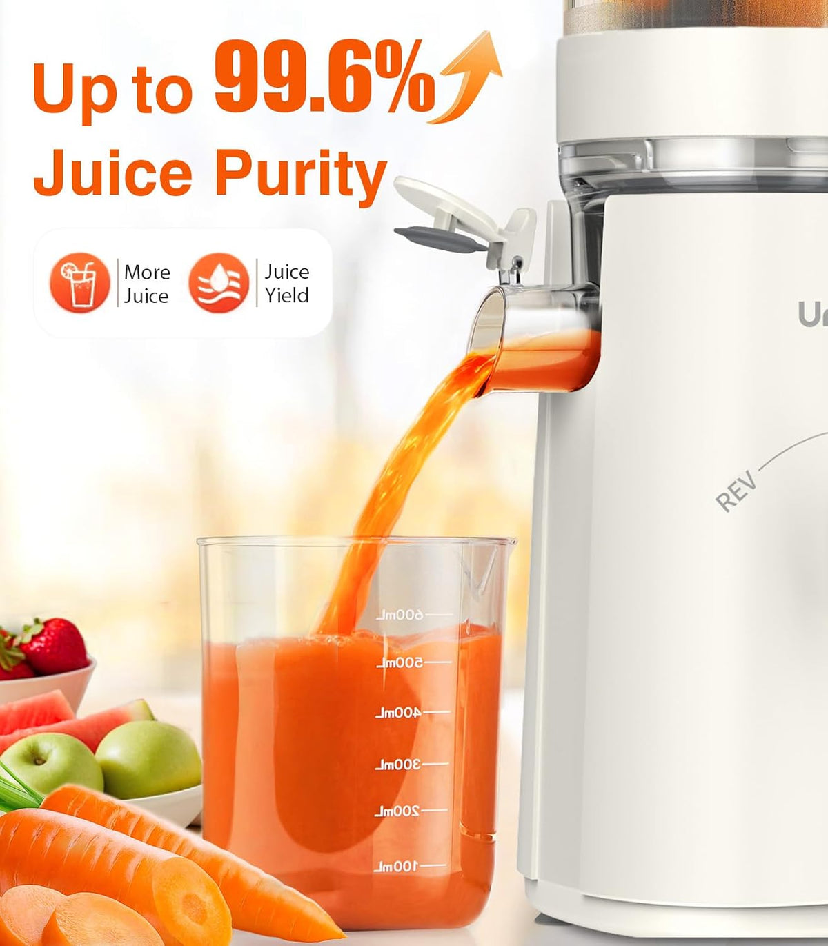 USADO-Máquinas exprimidoras, 2 en 1 exprimidor de prensa en frío para jugo y sorbete, apto para verduras y frutas con canal de 5 pulgadas de ancho, potente masticación/alto rendimiento de alto rendimiento, modo Rev, limpieza más fácil (blanco hueso)
