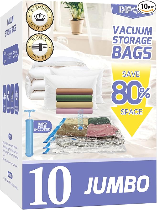 Paquete de 10 bolsas de almacenamiento al vacío jumbo con bomba de mano, 80% de ahorro de espacio de almacenamiento, bolsas de sellado al vacío resistentes sin fugas ahorradoras de espacio para ropa