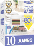 Paquete de 10 bolsas de almacenamiento al vacío jumbo con bomba de mano, 80% de ahorro de espacio de almacenamiento, bolsas de sellado al vacío resistentes sin fugas ahorradoras de espacio para ropa