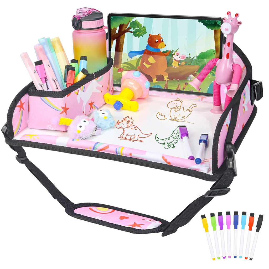 DxTing Bandeja de Viaje para Ninos en Auto y Avion | Mesa para Silla de Auto, Escritorio Portatil para Actividades en Viajes por Carretera | Unicornio Rosa