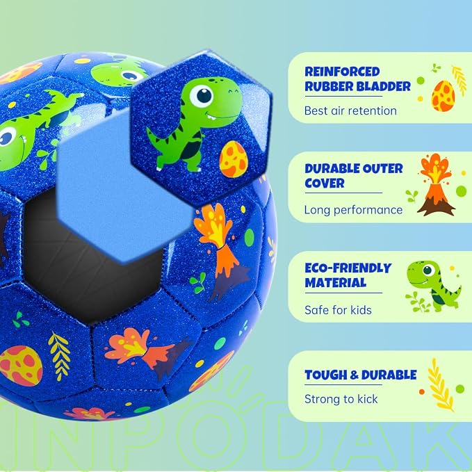 ⚠️ IMÁGENES SON REFERENCIAS, VER BIEN LAS FOTOS — INPODAK Balón de Fútbol Tamaño 2 para Niños, Dinosaurio Azul con Bomba y Bolsa de Malla