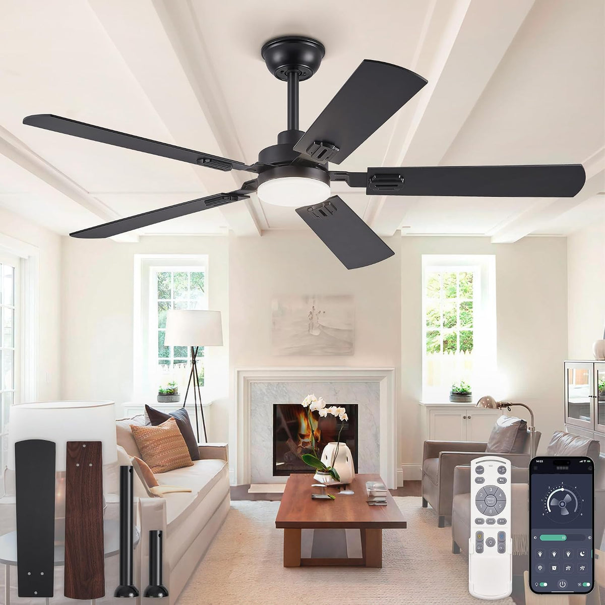 Ventilador de Techo ZMISHIBO 52" con Luz | Moderno Negro con Control Remoto y App | Estilo Farmhouse | Aspas de Doble Acabado | Motor Silencioso y Potente