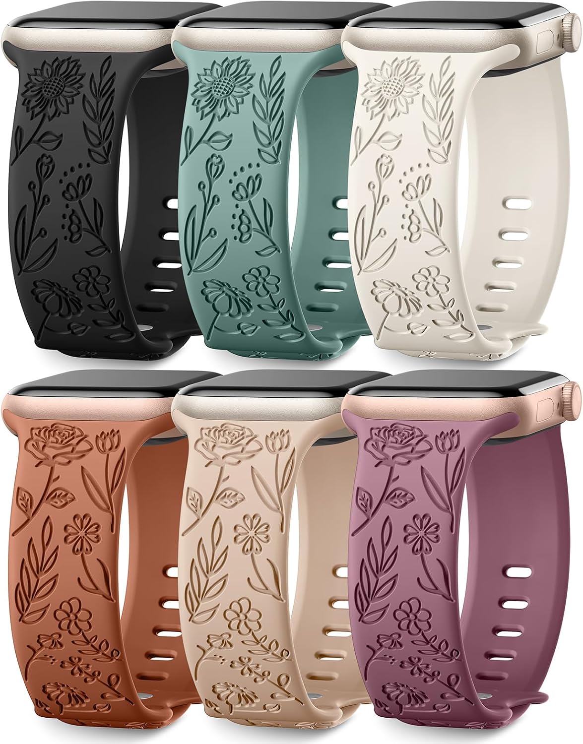 Paquete de 6 correas grabadas con motivos florales compatibles con Apple Watch de 44 mm para mujer, 40 mm, 41 mm, 45 mm y 49 mm. Correas ajustables de silicona suave y cómoda para iWatch de 38 mm para mujer.