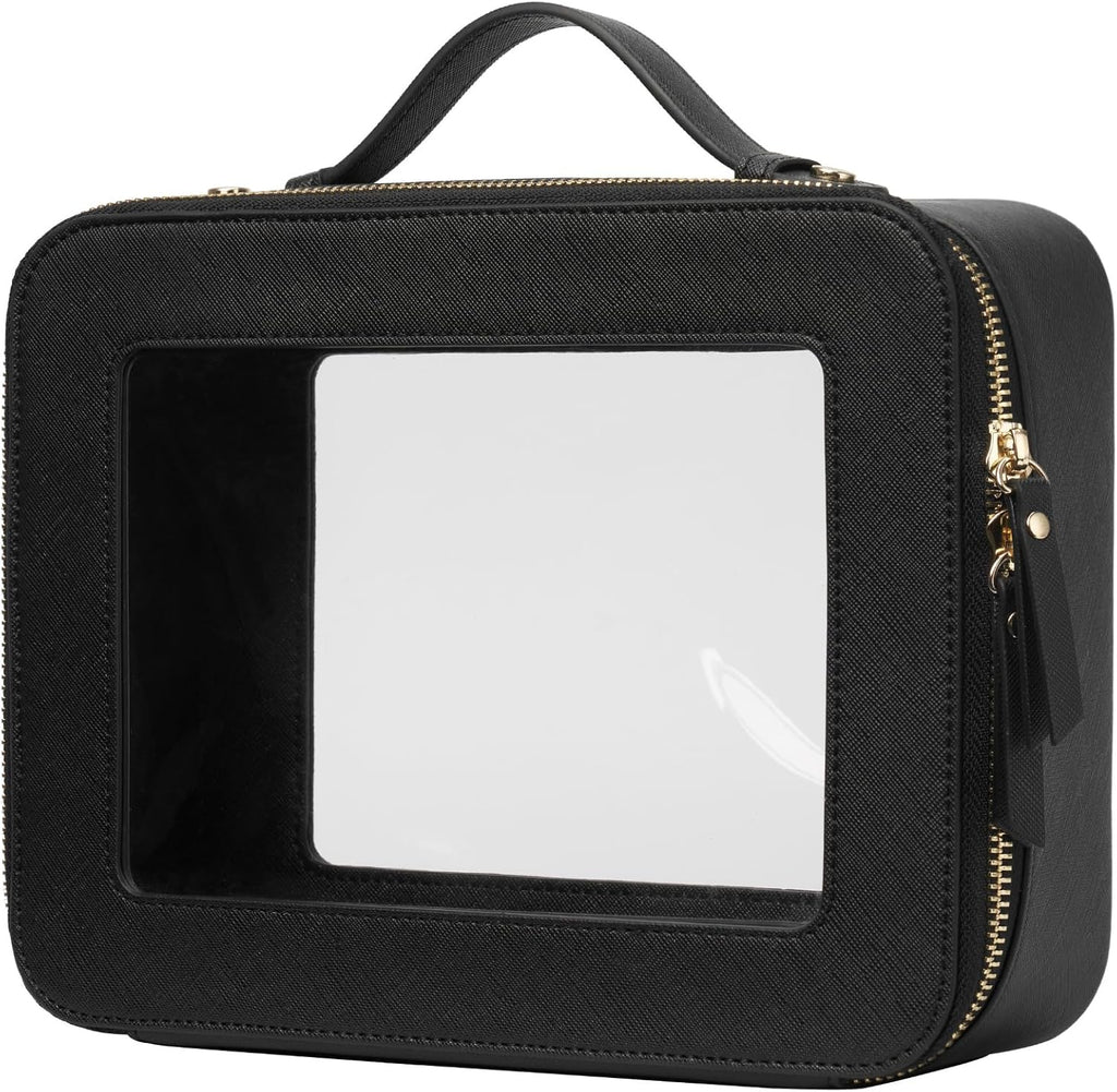 Estuche de maquillaje transparente Popvibe, neceser negro de viaje, bolsa de cosméticos grande transparente con cremallera, organizador de maquillaje grande para mujer, bolsa transparente aprobada por la TSA para artículos esenciales en el coche.