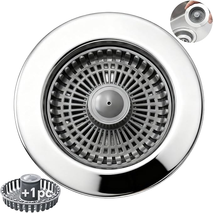 Colador y tapón de drenaje de fregadero de cocina 3 en 1 con cuerpo de latón macizo, montaje de enchufe desplegable resistente con 2 cestas, reemplazo antiobstrucciones para desagües estándar de 3-1/2 pulgadas, plateado inoxidable