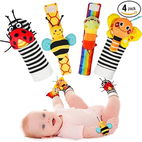 Infinno Calcetines con sonajero de muñeca y juego de calcetines con buscador de pies para bebé, juguetes perfectos para recién nacidos de 0 a 12 meses, para niñas y niños como regalos de baby shower