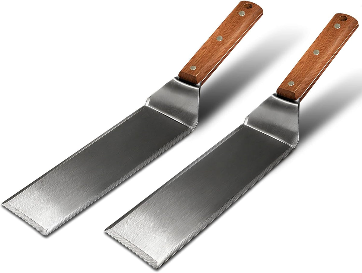 USADO-Set de 2 Espatulas Extra Largas para Plancha | Acero Inoxidable con Mango de Madera | para Smash Burger y Parrilla Blackstone | Bordes Biselados