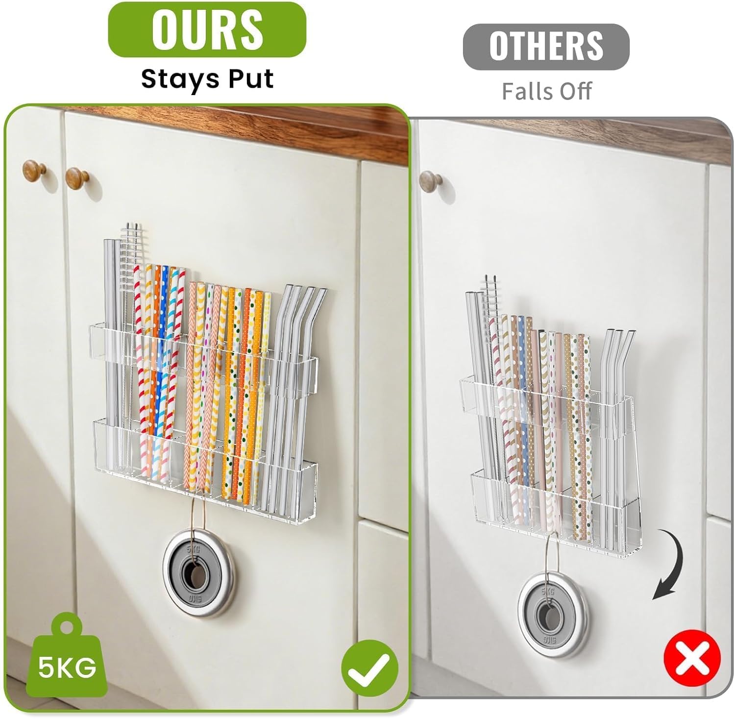 Mpotmiy Soporte Grande de Pajitas de Acrílico de 9.5" para Puerta de Gabinete - Organizador de Pajitas para Vaso Reutilizable con Cinta Adhesiva Ultra Pegajosa, Contenedor de Accesorios de Cocina