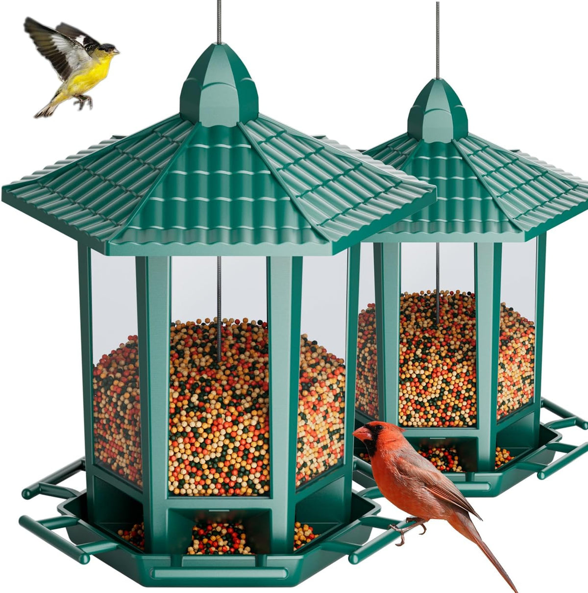 Birdream 2 Comederos para Pajaros de Exterior | Diseno Retro de Pagoda para Colgar | Atrae Aves Silvestres como Cardenales y Gorriones | Verde