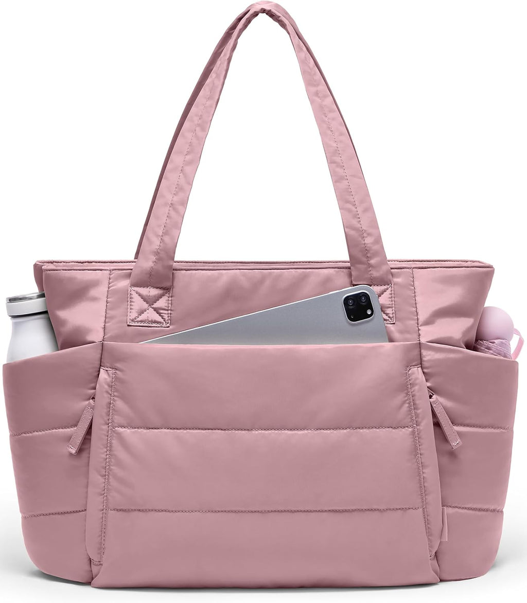 Tote Bag for Women with Zipper, Quilted Puffer Tote Bag with Compartments, Lightweight Puffy Work Bags for Women Travel (Mauve Pink