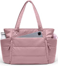 Tote Bag for Women with Zipper, Quilted Puffer Tote Bag with Compartments, Lightweight Puffy Work Bags for Women Travel (Mauve Pink