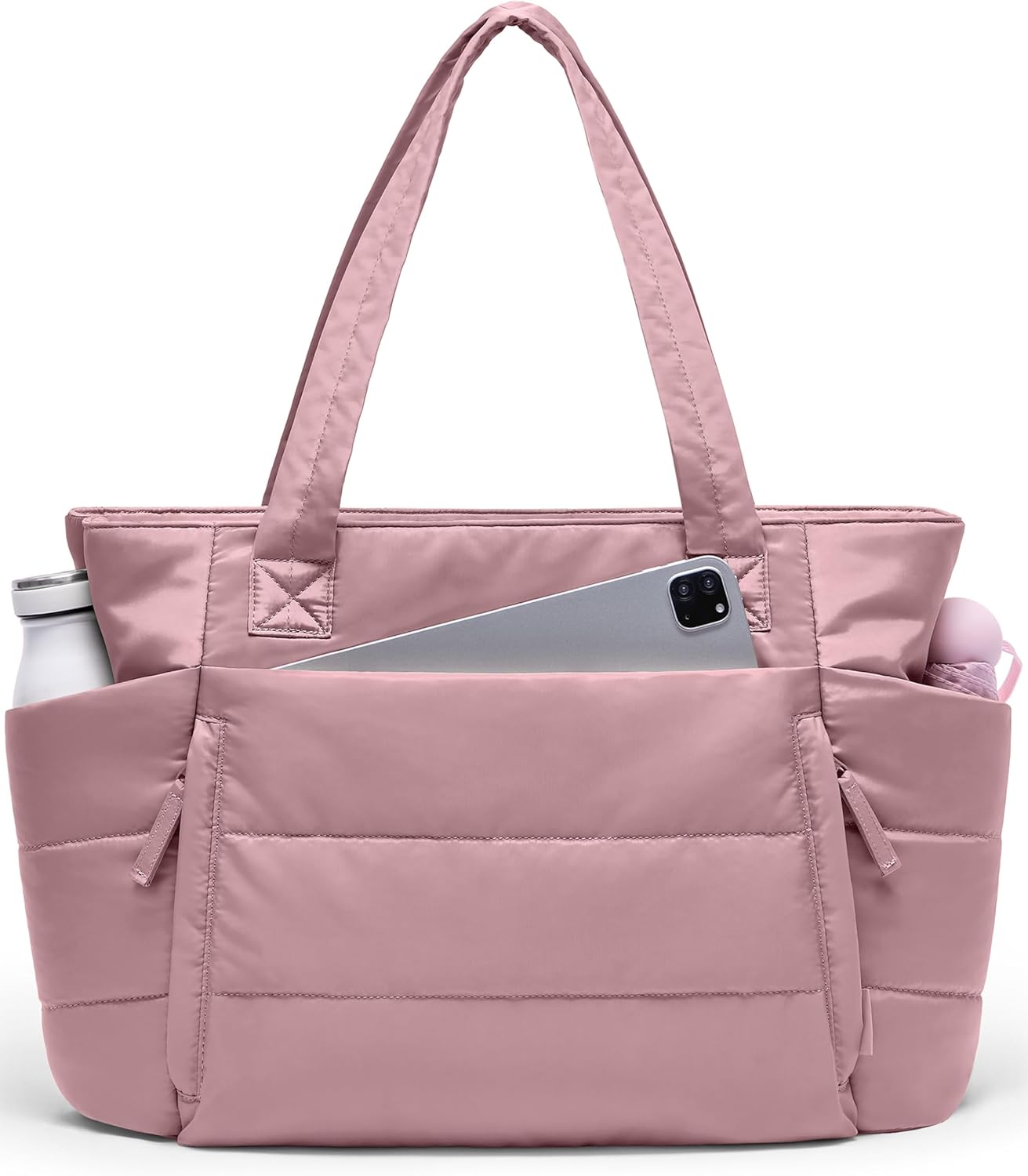 Tote Bag for Women with Zipper, Quilted Puffer Tote Bag with Compartments, Lightweight Puffy Work Bags for Women Travel (Mauve Pink