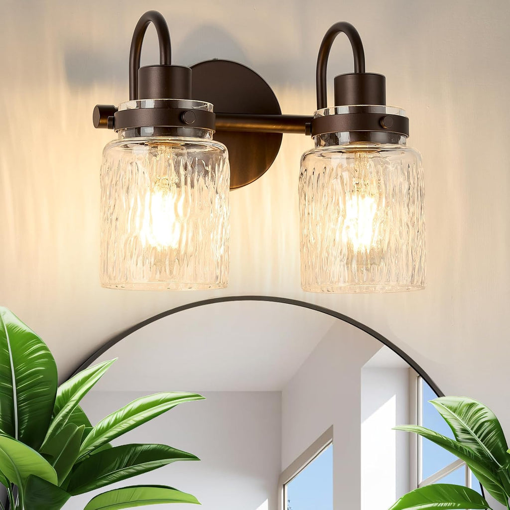 Lámpara de tocador de baño AMRUIPO de 2 luces, aplique de baño de bronce aceitado con pantalla de vidrio martillado para tocador, sobre espejo, pasillo.