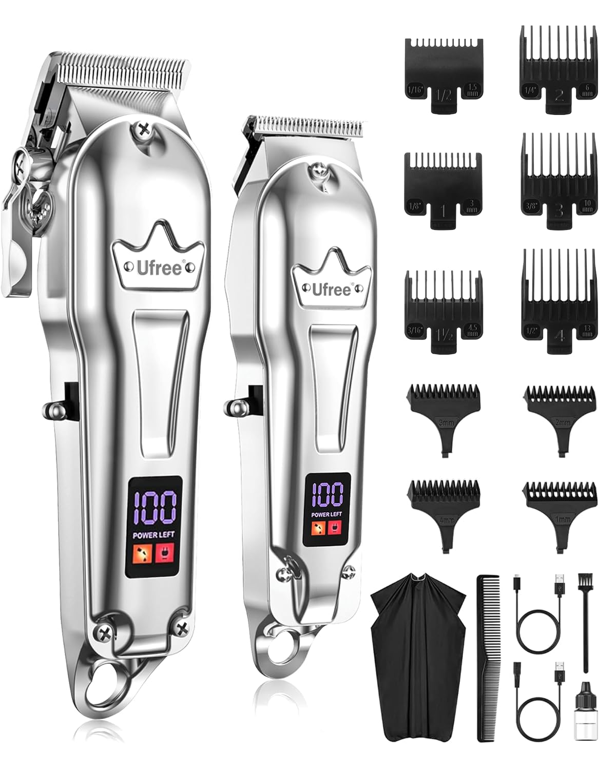 USADO-Cortapelos Ufree profesionales para hombre, set de cortapelos y recortadora, cortapelos inalámbricos con pantalla LED, recortadora eléctrica, regalo para hombre, color plata.