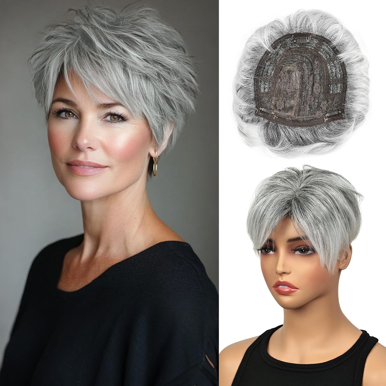PHOCAS Toppers de pelo corto gris para mujer con cabello fino con flequillo, pelucas de corte pixie esponjoso, postizos, coronas, sintéticos, para mujer