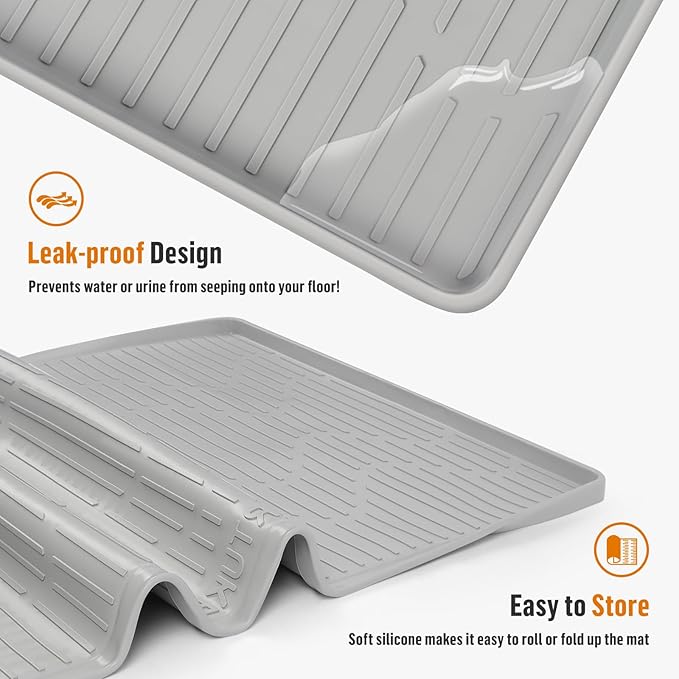 Tapete de silicona para arena para gatos, extra grande, tapete para atrapar arena para control de dispersión, impermeable, suave para patas de gatito, suelo limpio (gris)