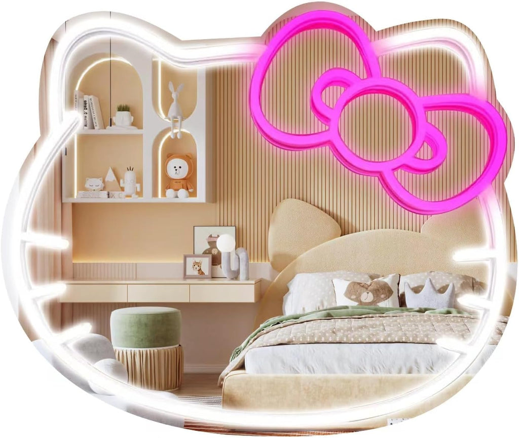 MCJSGSP Espejo de anime Hello Kit con letreros de neón para decoración de pared, regalo para chicas adolescentes, letrero de neón para espejo de maquillaje, decoración de habitación (9.4 * 11.9 pulgadas)