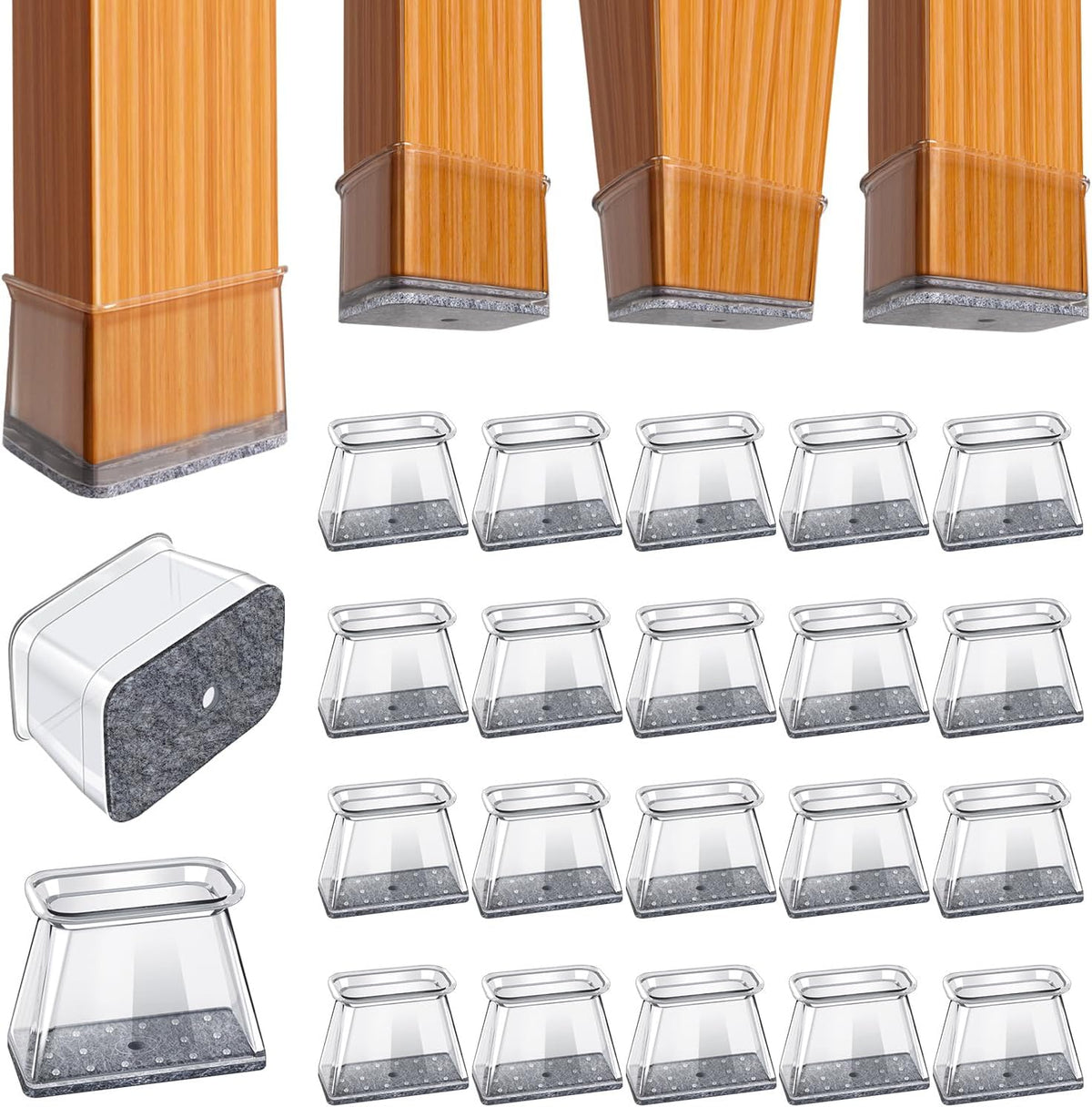 Protectores de patas de silla BUMACO Protectores de patas de silla rectangulares para pisos de madera dura Almohadillas de silicona Cubiertas para proteger pisos (Transparente - 20 piezas, Ajuste rectangular L (L: 1-1/2" ~ 2",W: 3/4" ~ 1"
