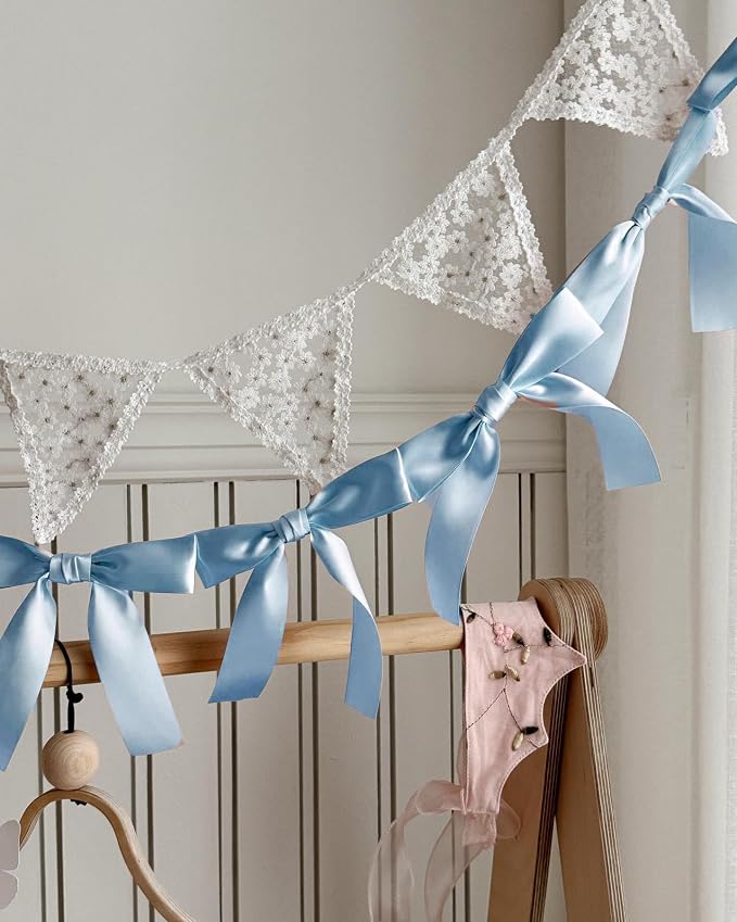 Guirnalda de lazo azul premontada, decoraciones de fiesta listas para colgar de 6 pies para baby baby showers, cumpleaños, revelación de género, no necesita bricolaje, lazos gruesos de satén de seda (azul, 6 pies)