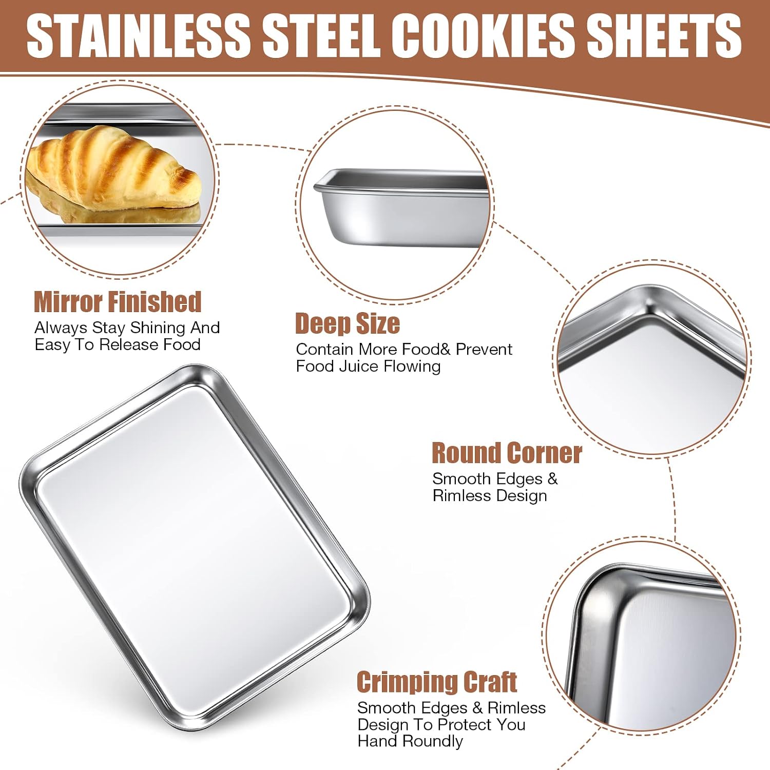 Potchen Juego de 12 bandejas para hornear de acero inoxidable, bandeja para horno tostadora, bandeja para parrilla, bandejas rectangulares para horno, congelador, panadería, antiadherente, fácil de limpiar, 9 x 6.7 x 1 pulgadas