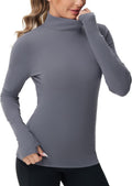 THE GYM PEOPLE Women's Mock Turtleneck Long Sleeve Shirts Fleece Thermal Underwear Pullover Tops with Thumb Hole Grey