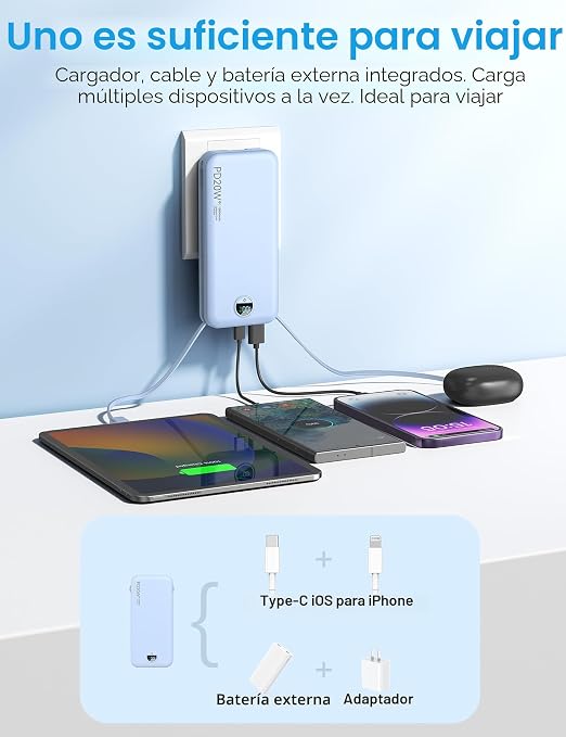Cargador Portátil 10000mAh Cables Integrados Enchufe Pared Carga Rápida PD20W USB C Pantalla LED Compatible iPhone iPad Samsung Azul