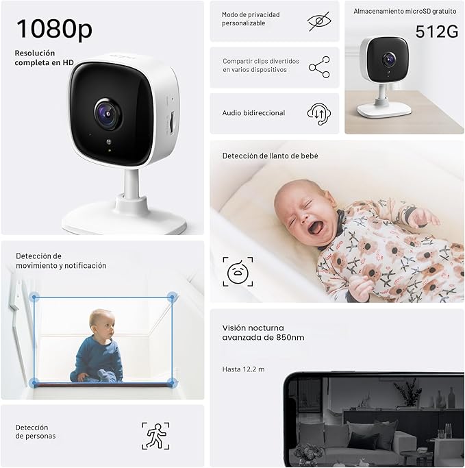 Tapo Cámara de seguridad interior 1080P para monitor de bebé, cámara para mascotas con detección de movimiento, sirena de audio de 2 vías, visión nocturna, almacenamiento en la nube y tarjeta SD