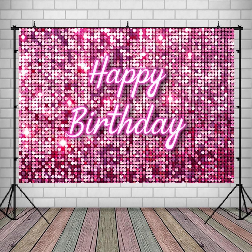 Lofaris Pink Flash Square Backdrop for Photography Happy Birthday Shinning Sequin Wall Panels Shimmer Wall Sweet 16 Girl Woman 20th 30th 40th Party Background Decorations Photo Studio Props9x6ft