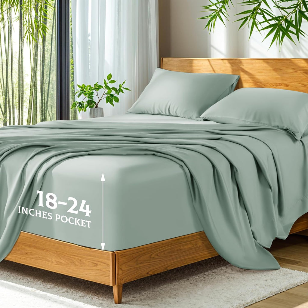 SONORO KATE 100% Viscosa derivada del bambú, Bolsillo extra profundo de hasta 45-60 cm, Sábanas ultrasuaves y refrescantes para personas que pasan calor al dormir, Sábanas de lujo sedosas de hotel (Mar marino, King)