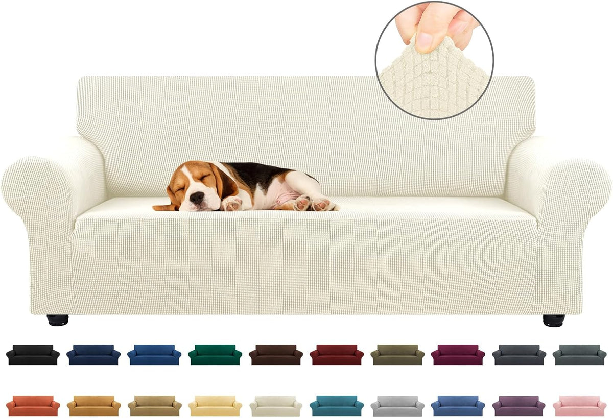 Funda Elástica para Sofá KEKUOU 3 Cojines – 78"-94", Jacquard Cuadros, Base Elástica, Beige Grande, Apta para Mascotas y Niños