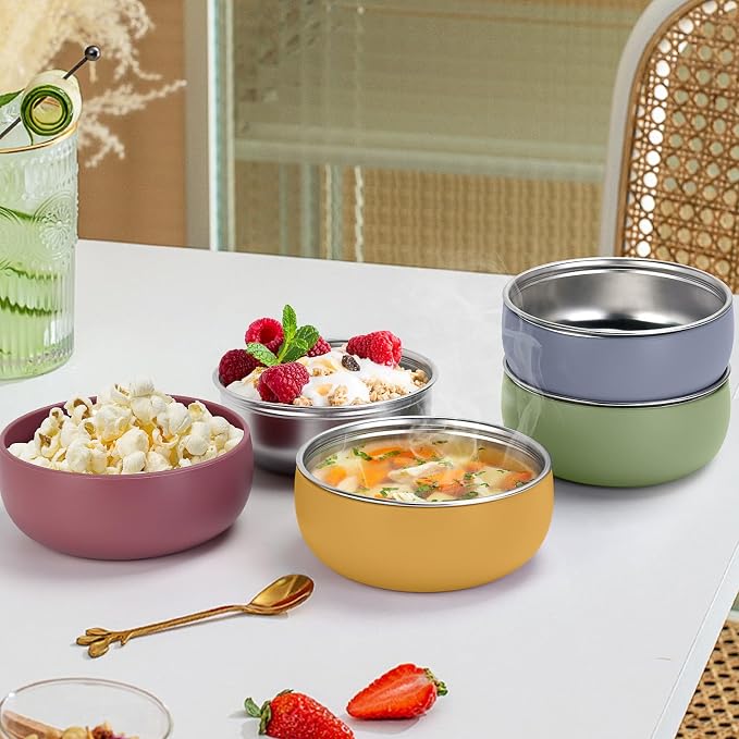 Set de 4 Cuencos de Acero Inoxidable ShineMe para Niños — Funda de Silicona Colorida Extraíble, Irrompibles, Para Sopa, Cereales y Aperitivos