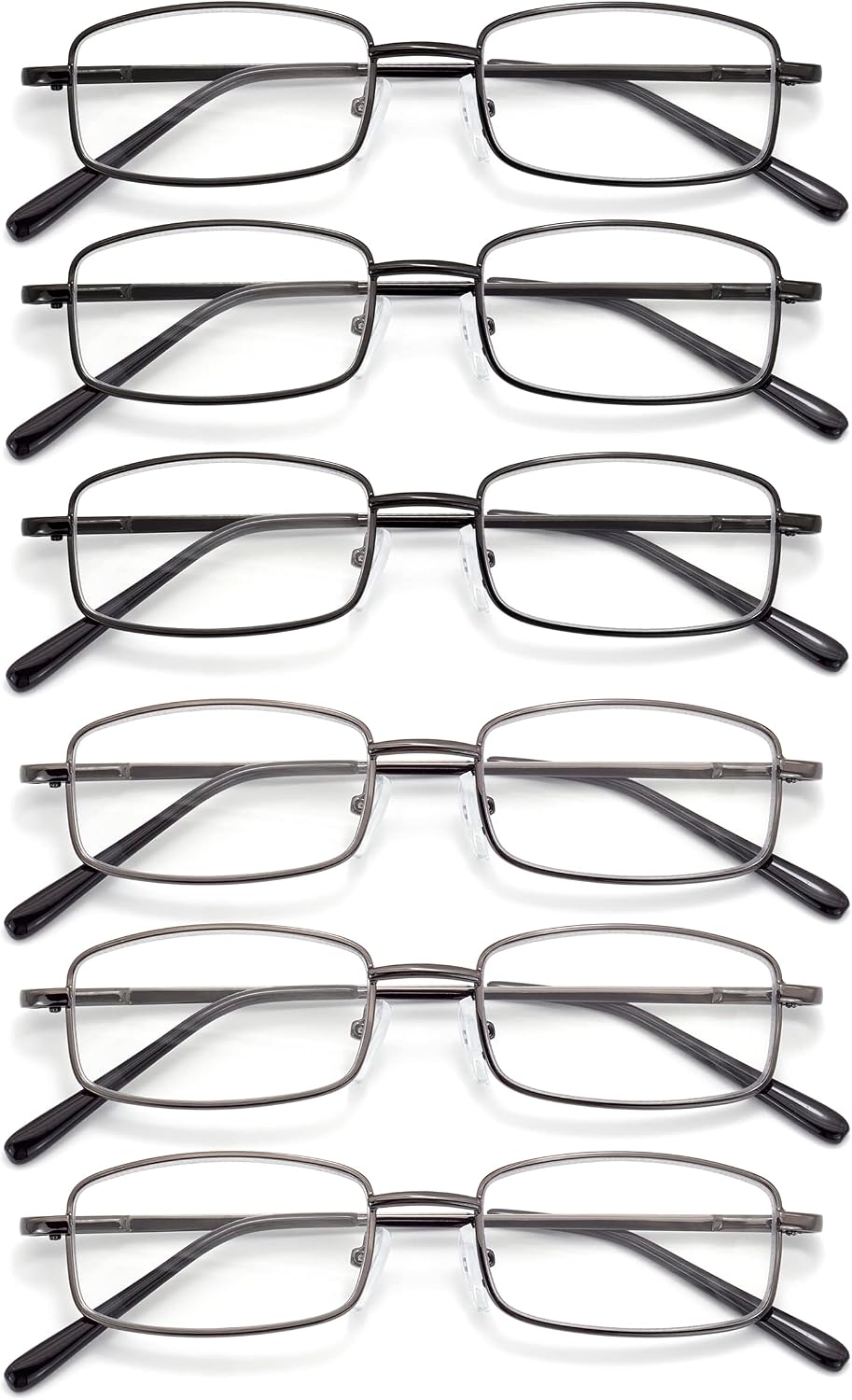 Autojouls Paquete de 6 gafas de lectura de metal con bloqueo de luz azul, bisagra de resorte, ligeras, resistentes y cómodas, 3 negras, 3 color gris plomo, 3.0 x