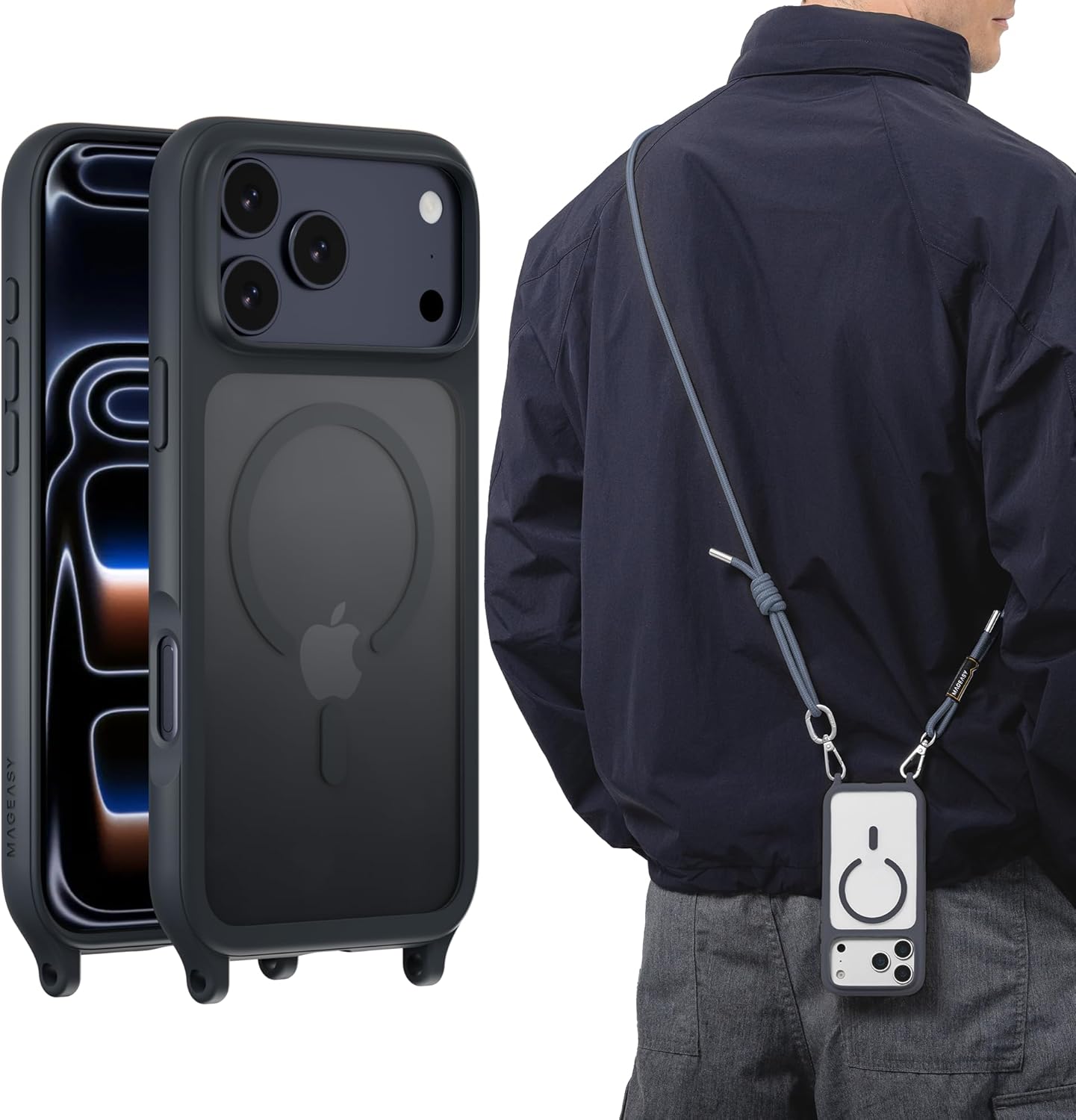 MAGEASY Compatible with iPhone 17 Pro Max 6.9" Case with Crossbody Strap - 16ft Drop Protection, Compatible with MagSafe | Roam M (Midnight)