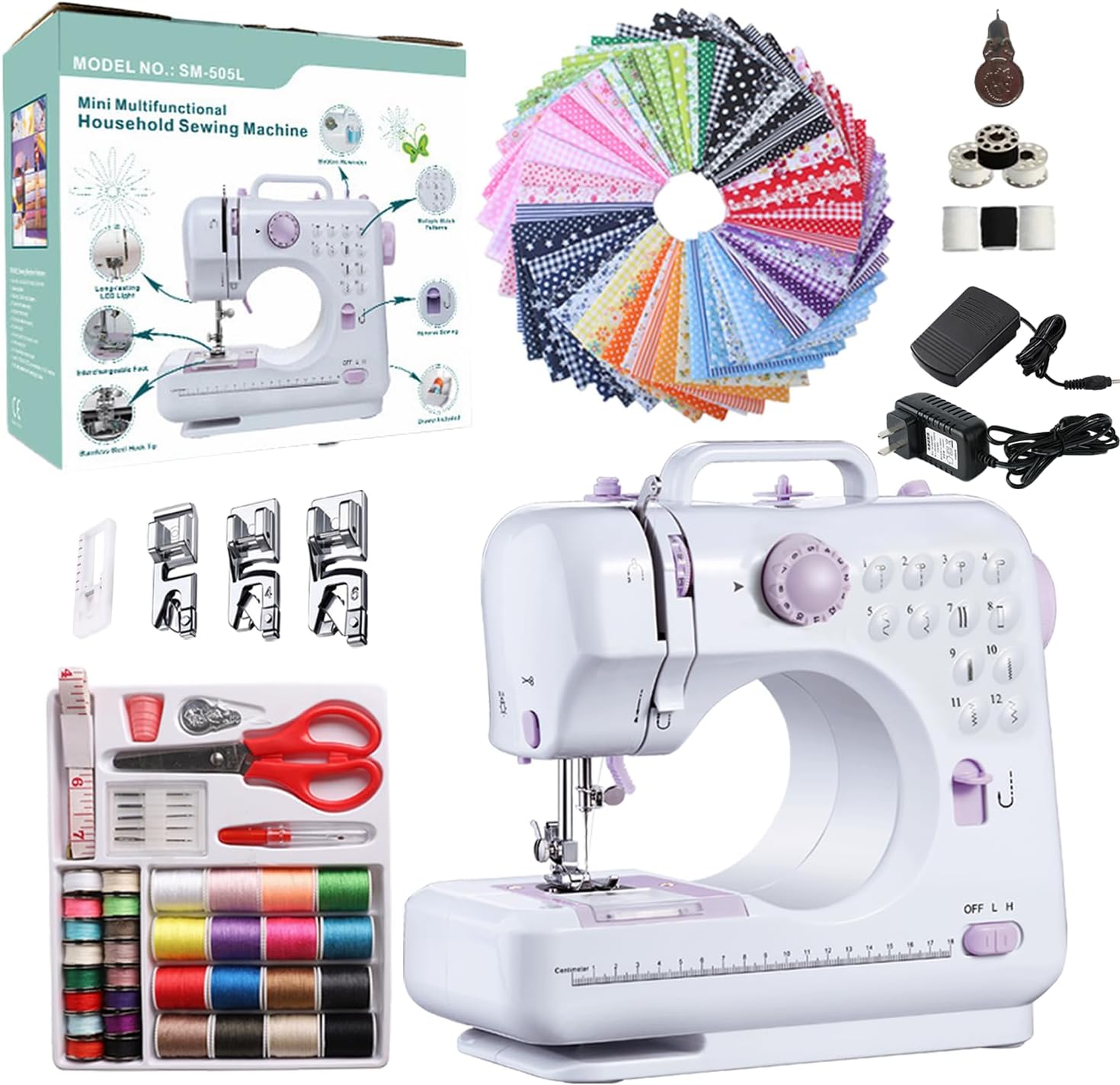Máquina de coser portátil para principiantes, minimáquina de coser pequeña con 50 piezas de tela y 32 hilos, 12 puntadas integradas, 2 velocidades y pedal. 