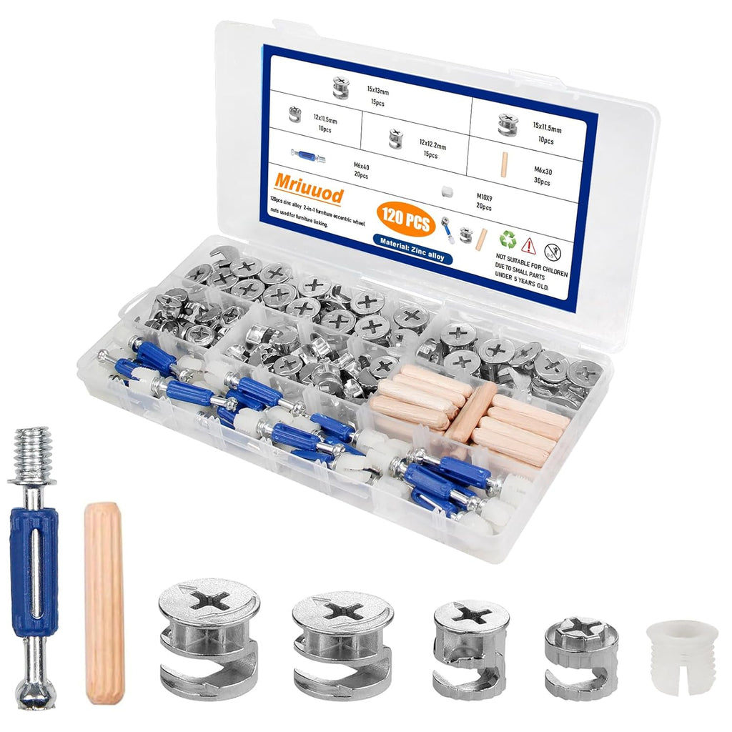 Kit 120 Piezas Cam Lock para Muebles – Tornillos Excéntricos, Espigas y Conectores 3 en 1