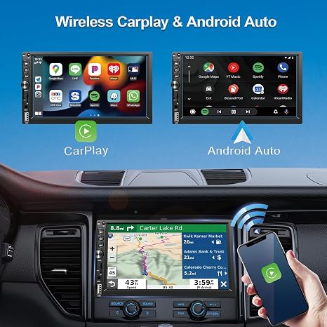 ⚠️ PRESENTA USO, NO AFECTA SU FUNCIONAMIENTO | Estéreo Doble Din Inalámbrico 7" HD – Apple CarPlay, Android Auto, GPS, Bluetooth 5.1, Cámara Reversa