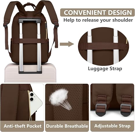 Mochila para laptop para mujer, bolsa de trabajo, mochila de viaje de 15.6 pulgadas con cargador USB, bolsa de libros universitaria, impermeable, linda, casual, mochila de moda para profesores, enfermeras, marrón, caqui