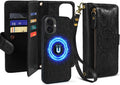 Harryshell for iPhone 16 6.1" Detachable Magnetic Case Wallet,Compatible with Magsafe Wireless Charging, [RFID Blocking] Card Slots, Cash Zipper Pocket Wrist Strap (Floral Black)