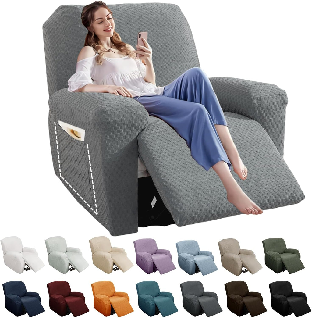 YEMYHOM 4 Pieces Oversized Stretch Recliner Slipcover Latest Jacquard Large Recliner Chair Cover with Side Pocket Anti-Slip Furniture Protector with Elastic Bottom (X-Large Recliner, Light Gray)