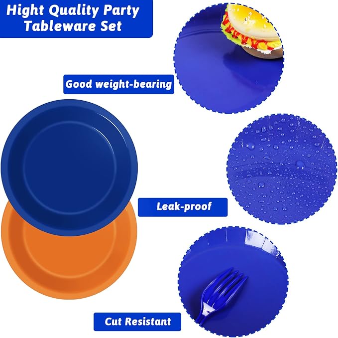 Wiooffen 96 platos de fiesta de cumpleaños naranja y azul, servilletas, suministros de fiesta de guerra de dardos, vajilla desechable de papel naranja y azul para decoración de baby shower, fiesta de cumpleaños, 24 invitados — SON 3 COLORES, VER FOTOS