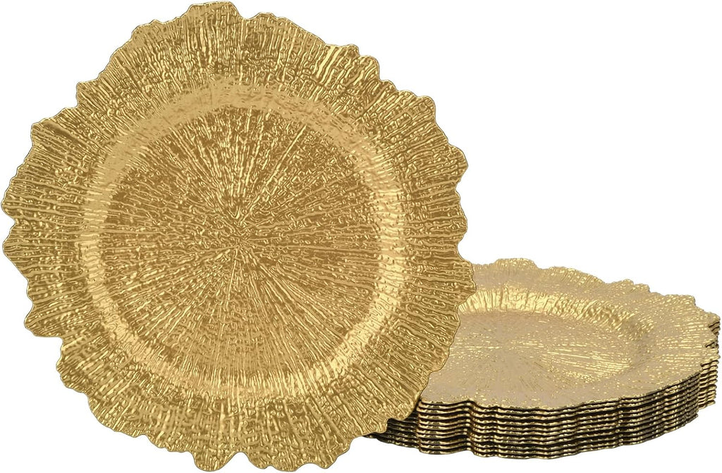 Platos Base Dorados LYHLYA 33 cm | Diseño Arrecife Forma Irregular | Plástico | Decoración Boda y Mesa | Juego de 12 Unidades