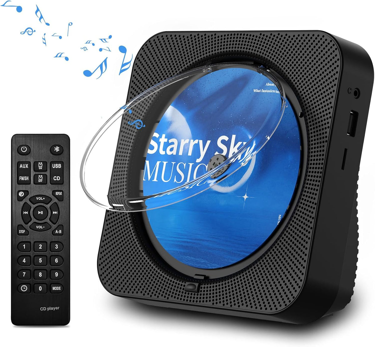 Reproductor de CD portátil Bluetooth 5.1 de escritorio con altavoces de sonido HiFi, control remoto, cubierta antipolvo, pantalla LED, radio FM, USB/AUX para el hogar y niños (negro)