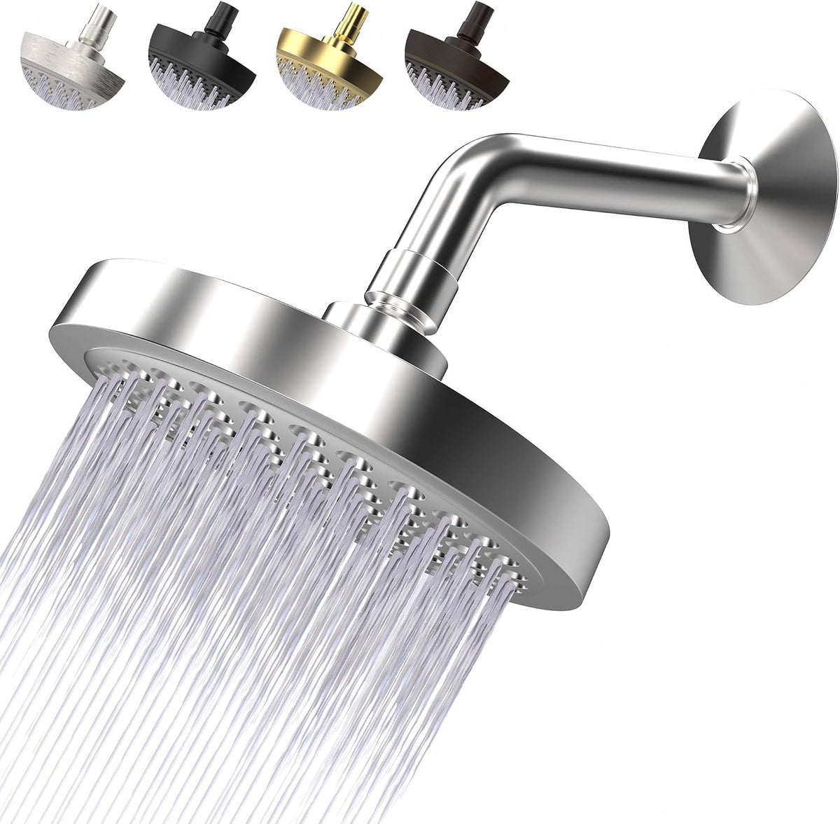 Cabezal de ducha de alta presión - Boquillas de silicona antiobstrucción - Restrictor extraíble de 2.5 GPM - Fácil de limpiar - Repuesto ajustable - Fácil de instalar con cinta de teflón - 6 pulgadas - Acabado cromado clásico