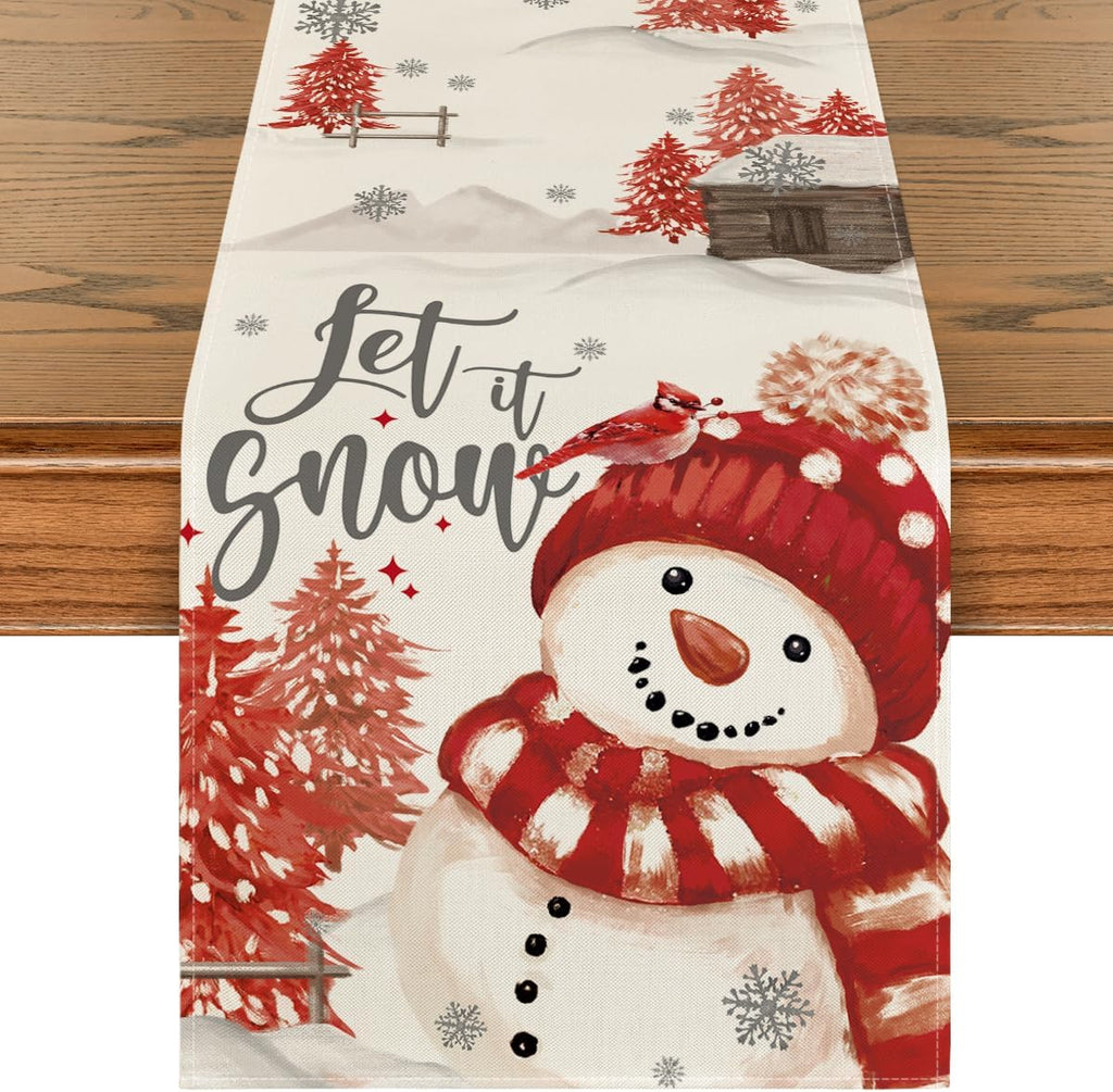 Camino de Mesa Navideño Artoid Mode 13x72" – Árboles, Muñeco de Nieve Rojo para Hogar y Fiestas