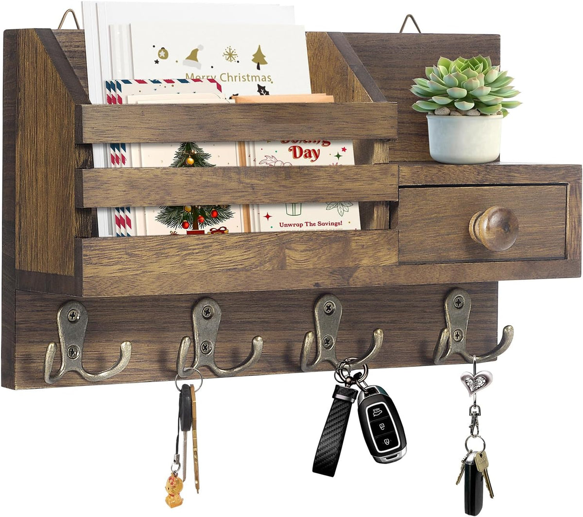 Organizador de llaves y correo adhesivo de madera HOMEBROS para montaje en pared, con cajón, estante pequeño, 8 ganchos y 2 métodos de instalación. Color marrón.