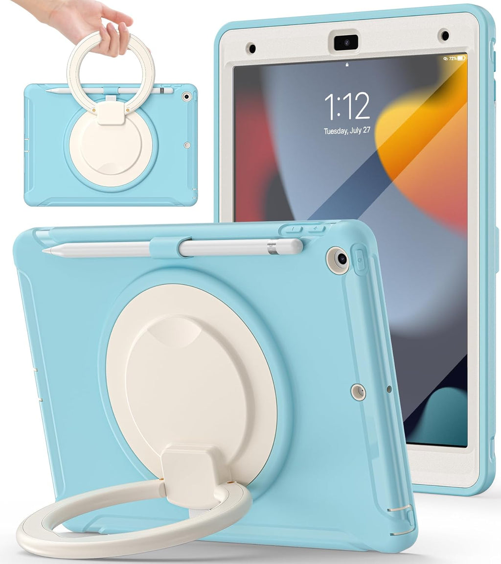 BATYUE Case for iPad 7th/8th/9th Gen 2019/2020/2021: Professional Shockproof 10.2" Cover with Screen Protector, Pencil Holder, 360° Rotating Stand – Kid-Friendly, FrozenBlue