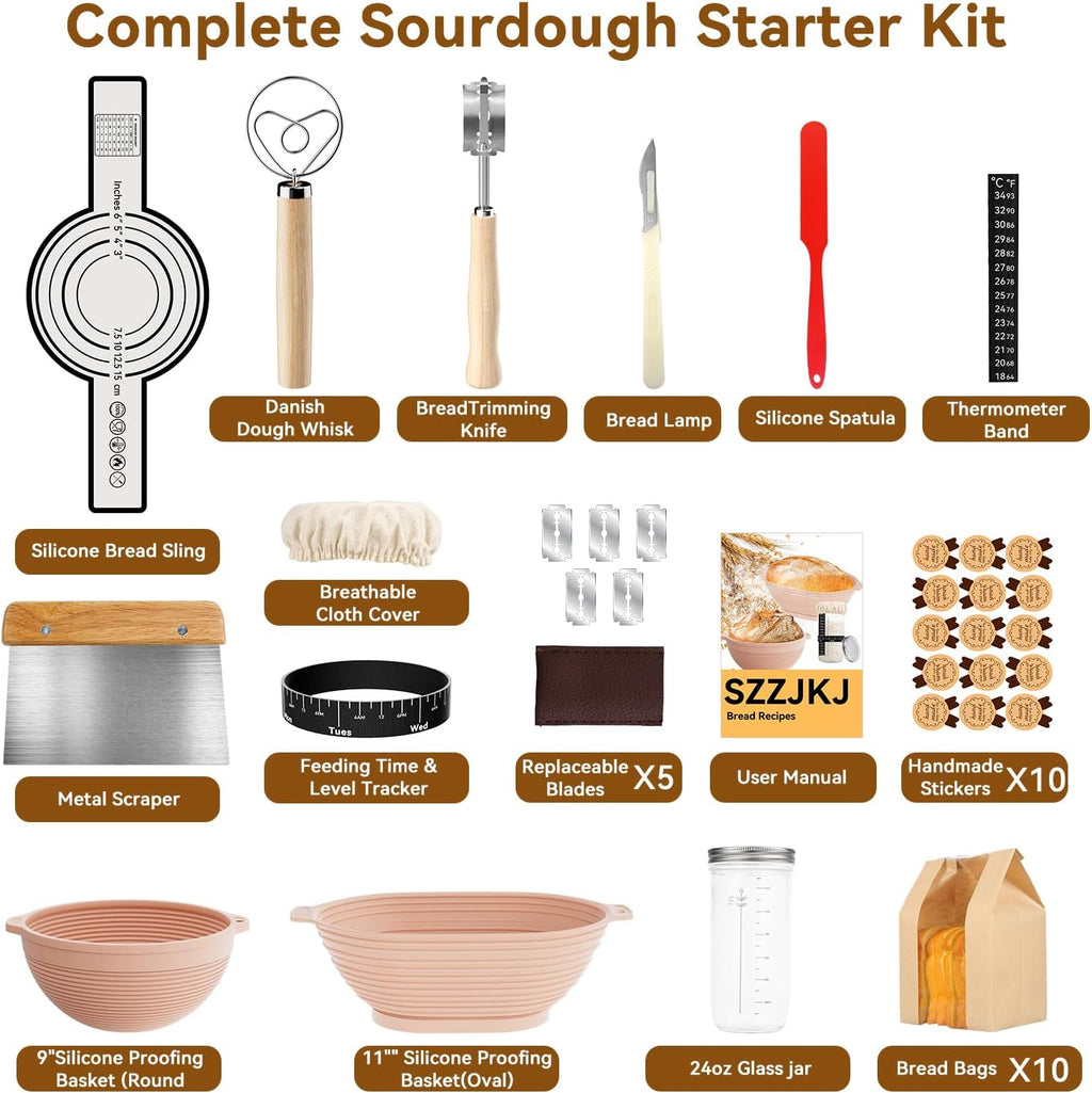 Kit de inicio para masa madre SZZJKJ, suministros para hornear pan de masa madre de 24 piezas, juego de 2 cestas de fermentación de pan de silicona Banneton, kit de inicio para masa madre