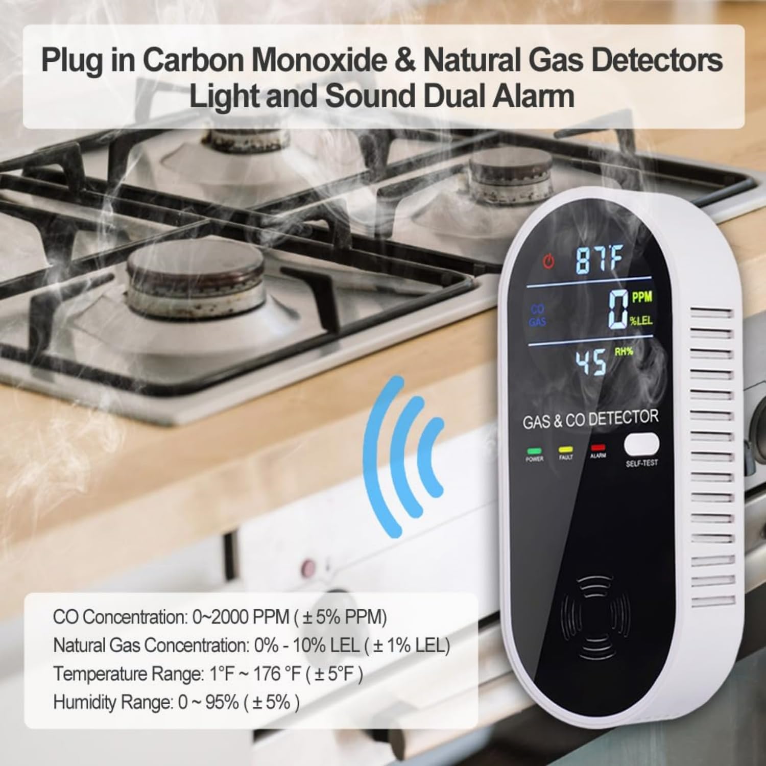 Detector de Monóxido de Carbono y Gas Natural 4 en 1 — Alarma Dual con Sensor de Temperatura y Humedad, Pack x2 Negro